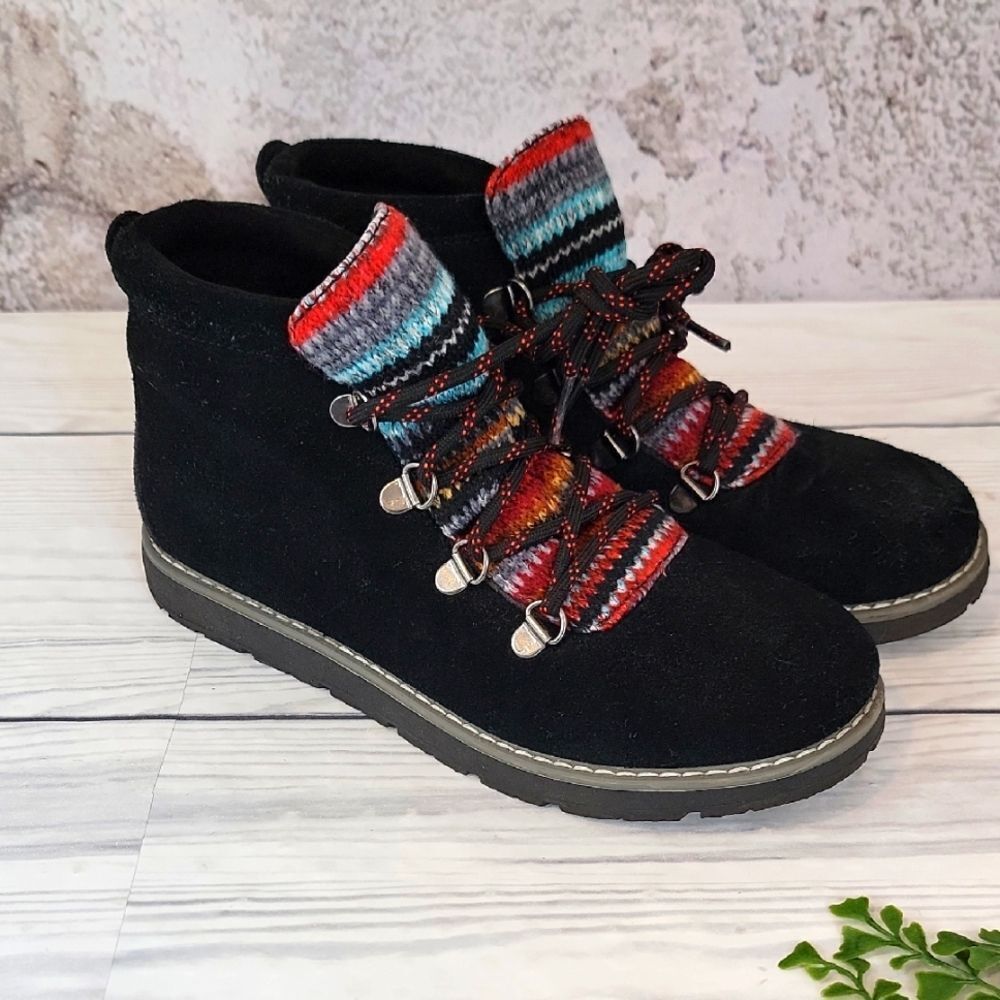Bobs By Skechers Black Suede Ankle Boots with Multicolor Knit Accents Size 6